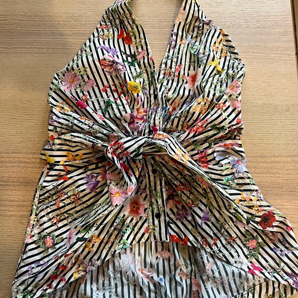Zara Woman Black and White Striped Floral Tie-Front Halter Top